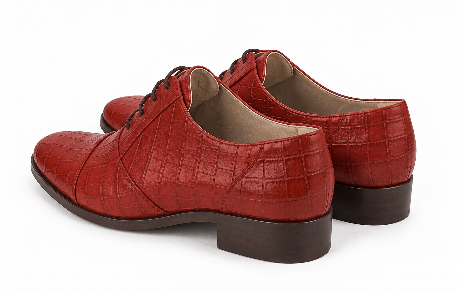 Women's red classic oxfords and derby shoes with round toe and chunky rubber lug sole - Rear view